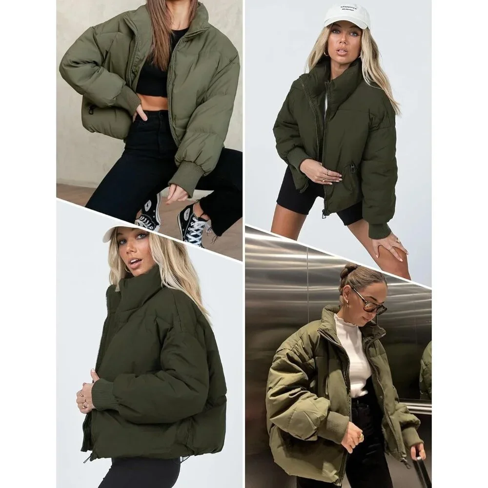 Women’s Green Winter Cropped Puffer Jacket Coat Short Warm Quilted Jacket